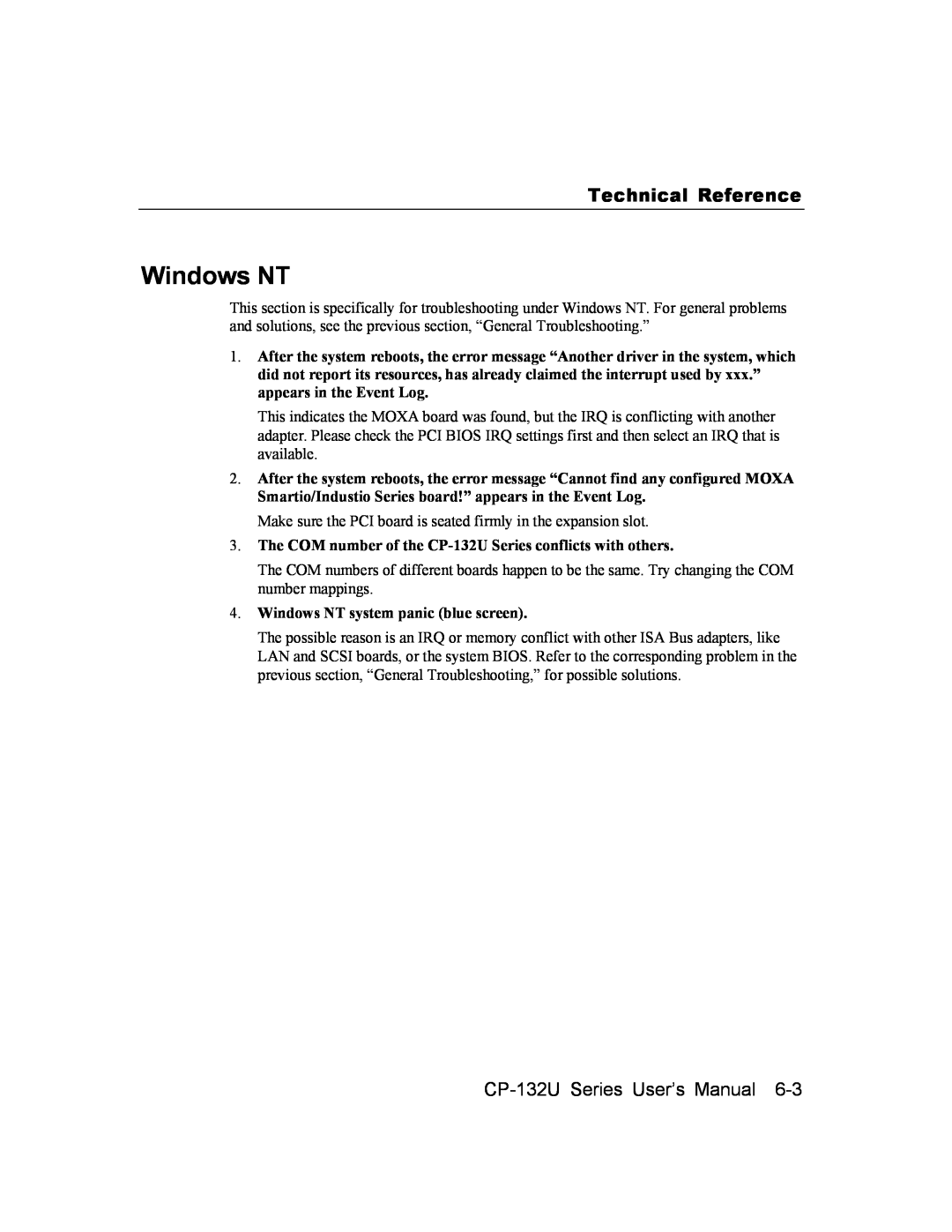 Moxa Technologies Technical Reference, The COM number of the CP-132U Series conflicts with others, Windows NT 