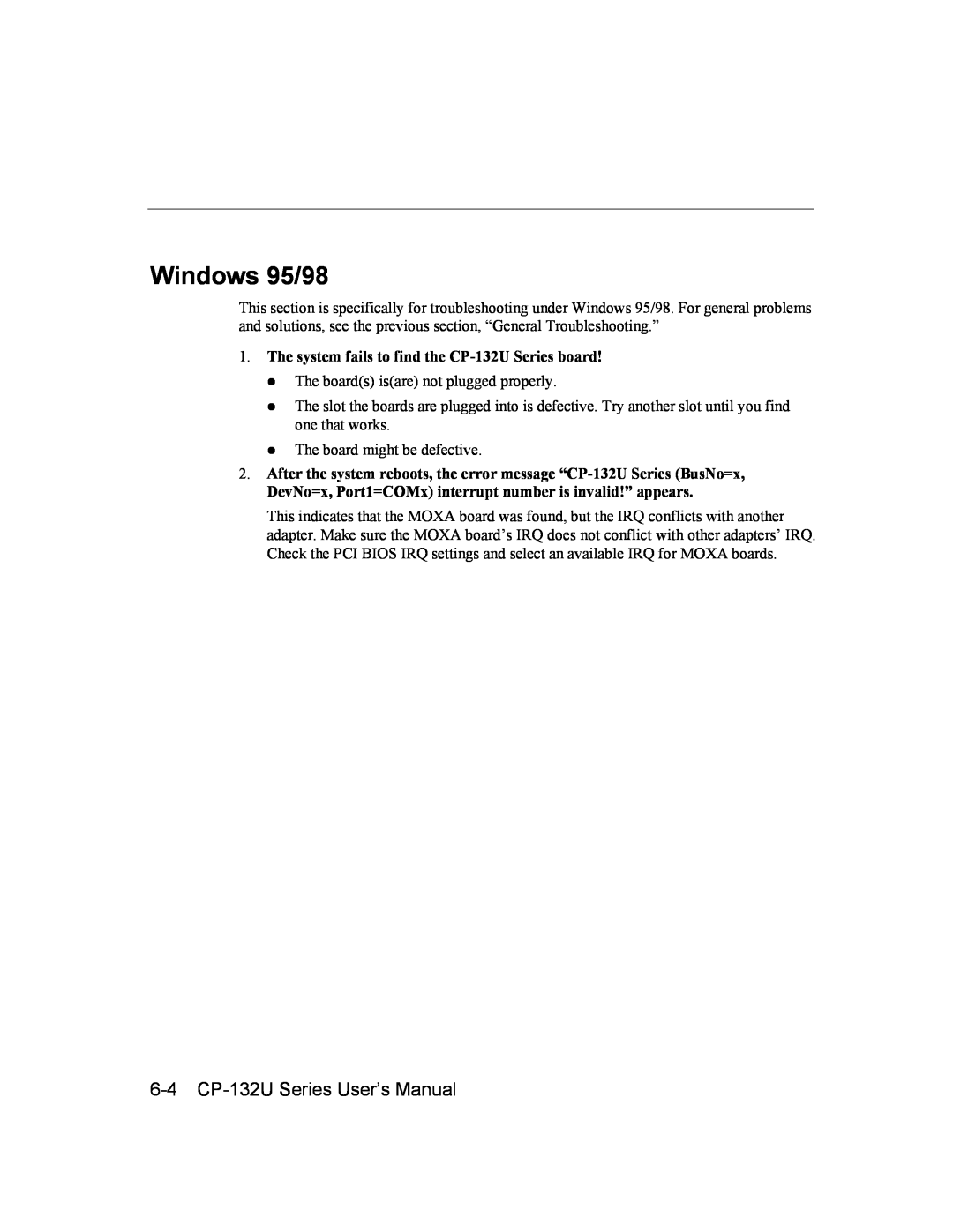 Moxa Technologies 6-4 CP-132U Series User’s Manual, The system fails to find the CP-132U Series board, Windows 95/98 
