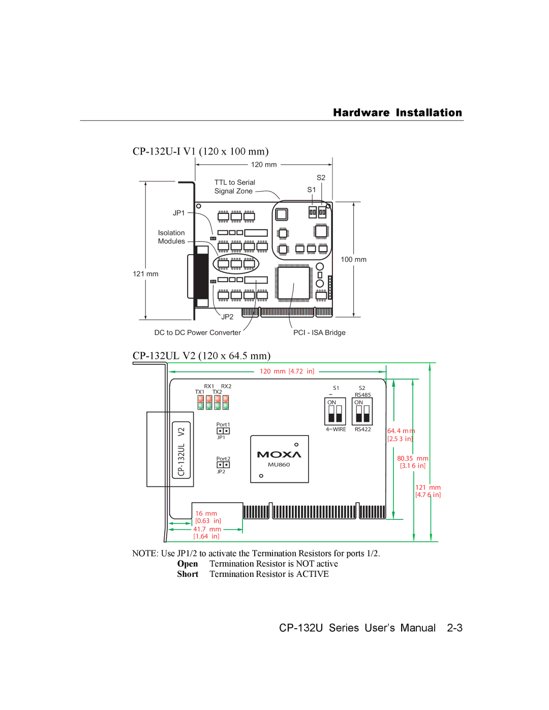 Moxa Technologies user manual Hardware Installation, CP-132U-I V1 120 x 100 mm 