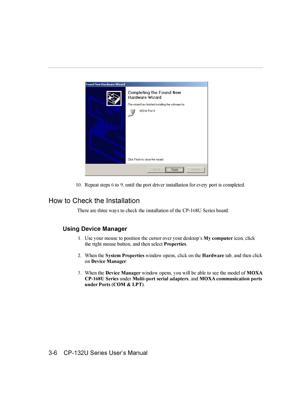 Moxa Technologies CP-132U user manual How to Check the Installation, Using Device Manager 