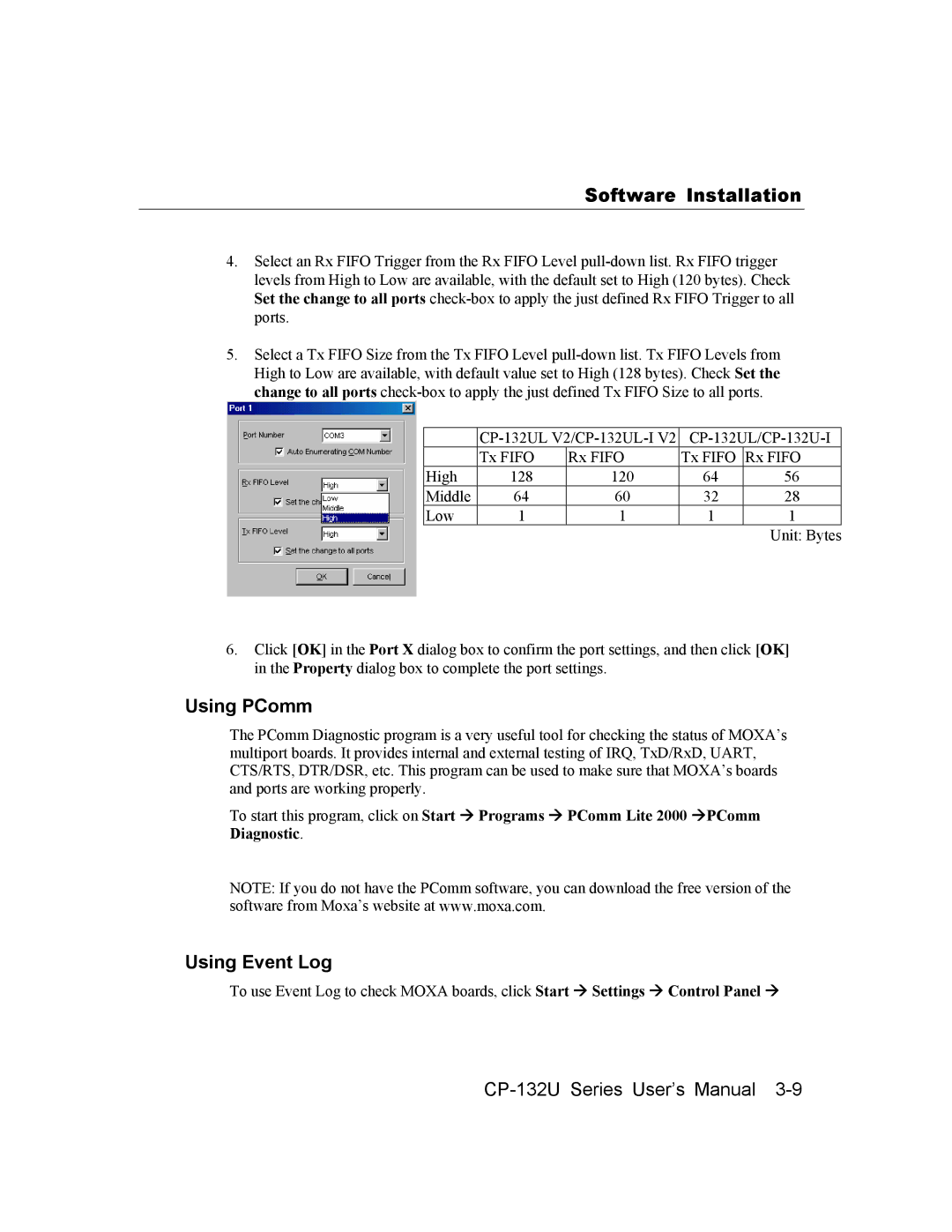 Moxa Technologies CP-132U user manual Using PComm, Using Event Log 