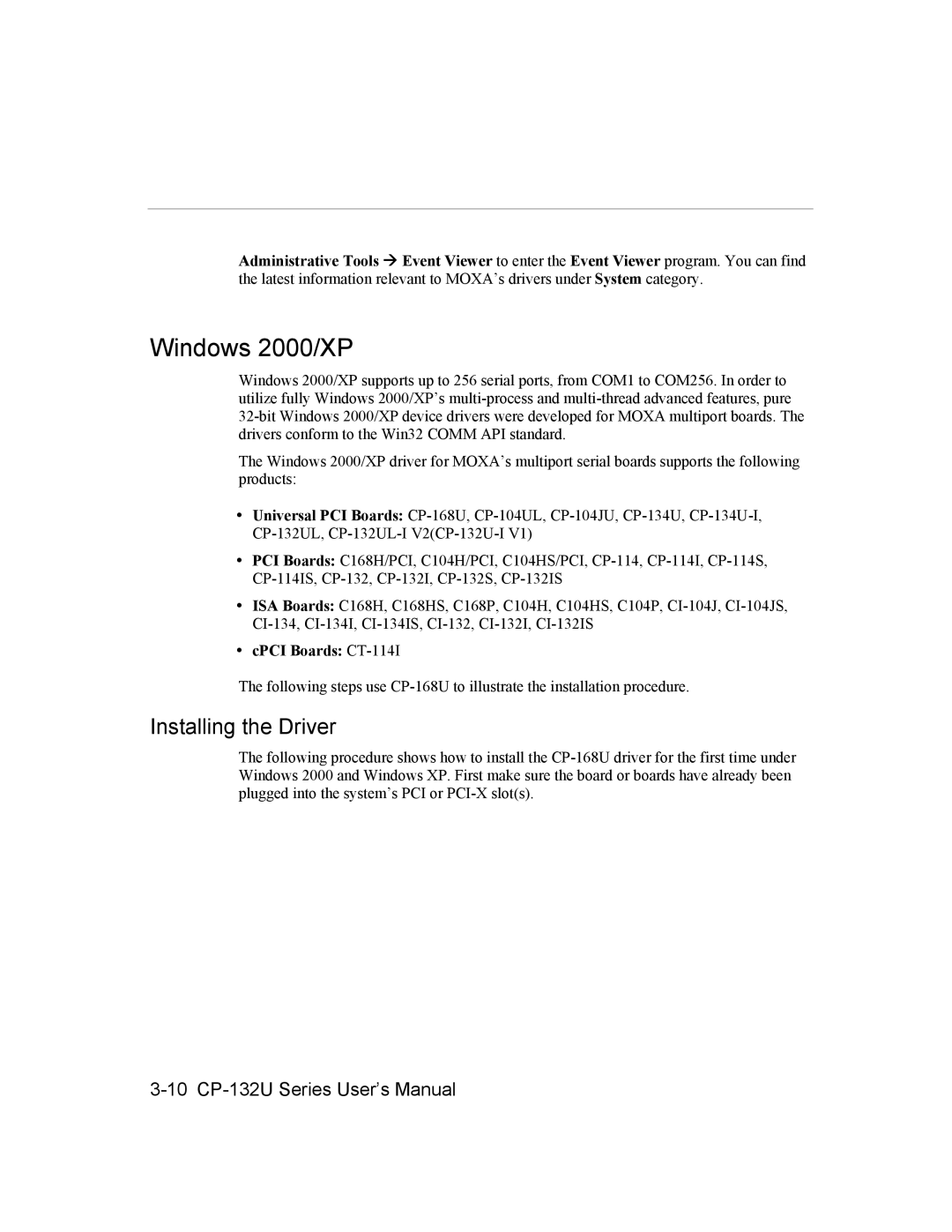 Moxa Technologies CP-132U user manual Windows 2000/XP 