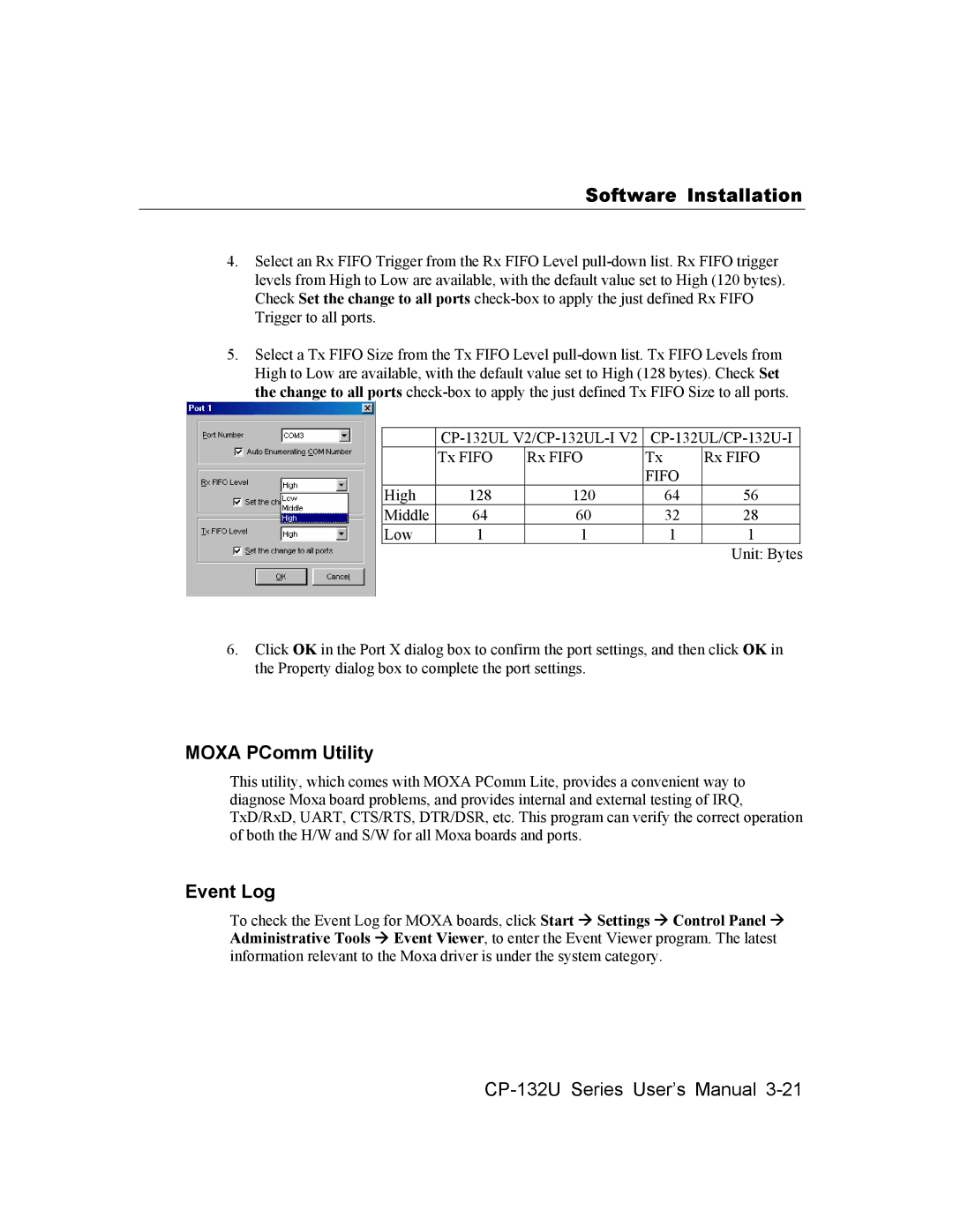 Moxa Technologies CP-132U user manual Moxa PComm Utility, Event Log 