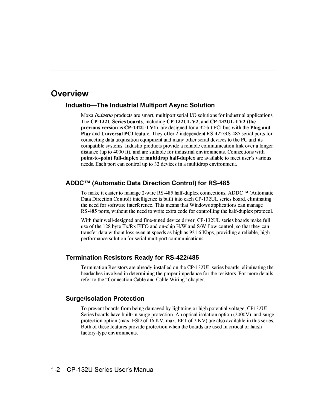 Moxa Technologies CP-132U Overview, Industio-The Industrial Multiport Async Solution, Surge/Isolation Protection 