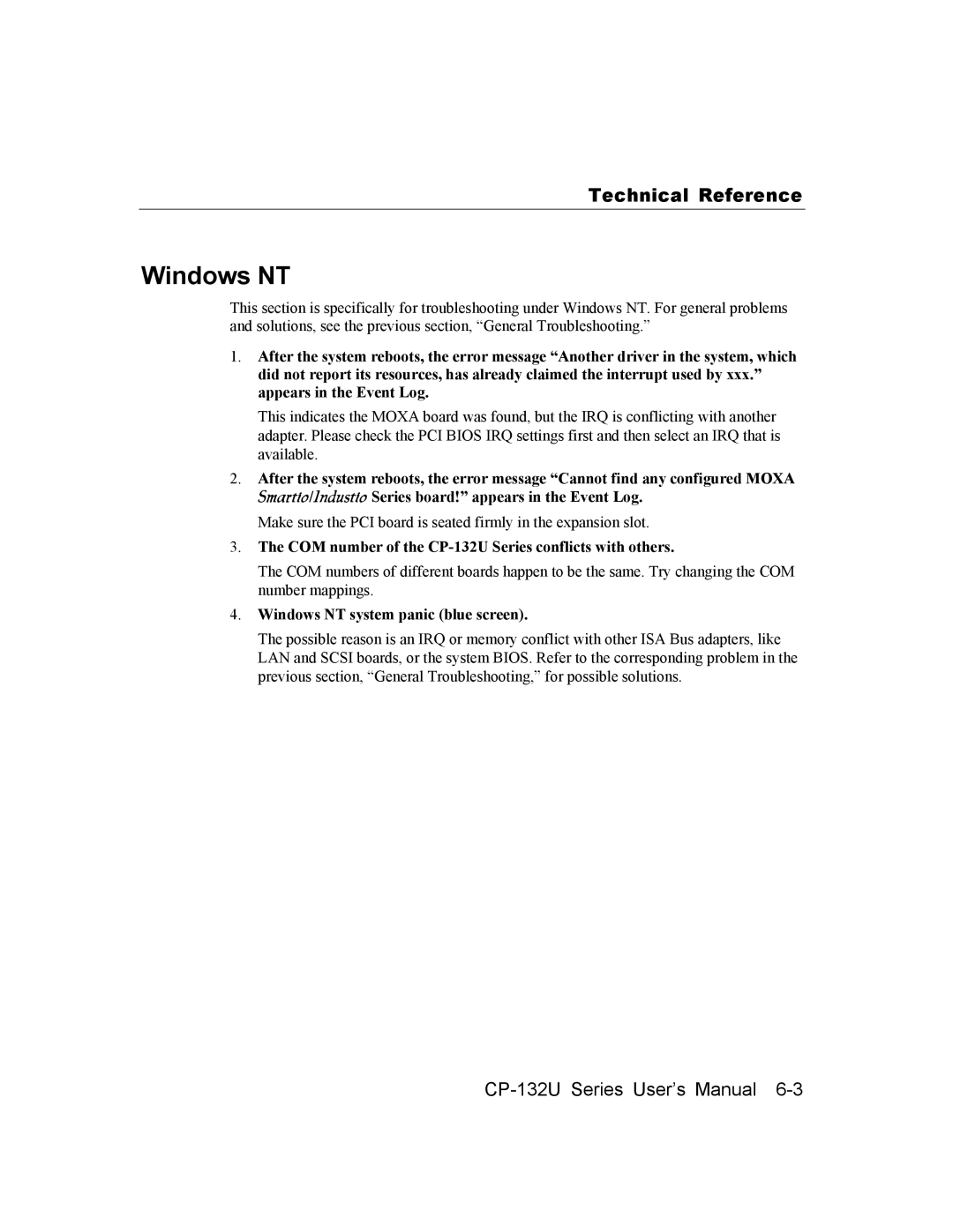 Moxa Technologies user manual Technical Reference, COM number of the CP-132U Series conflicts with others 