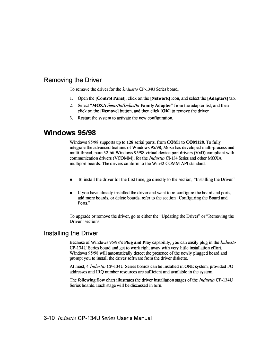 Moxa Technologies Windows 95/98, Removing the Driver, Industio CP-134U Series User’s Manual, Installing the Driver 