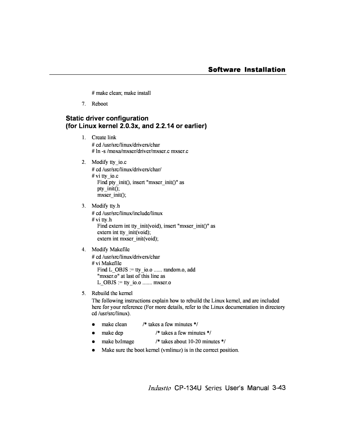 Moxa Technologies CP-134U user manual for Linux kernel 2.0.3x, and 2.2.14 or earlier, Software Installation 