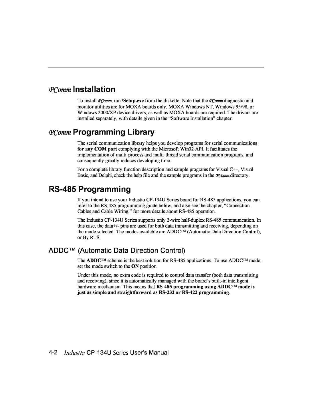 Moxa Technologies CP-134U user manual PComm Installation, PComm Programming Library, RS-485 Programming 