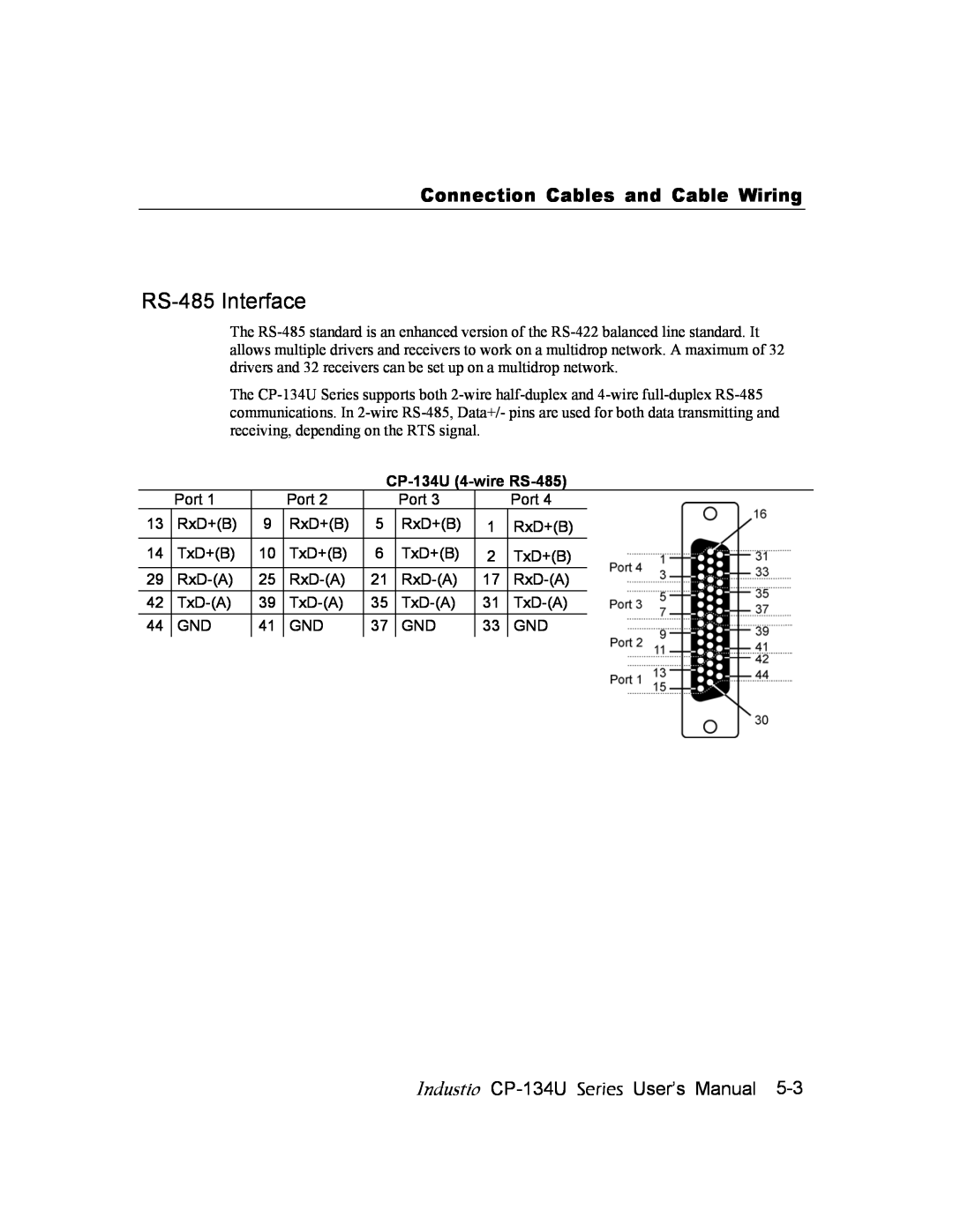 Moxa Technologies user manual RS-485 Interface, CP-134U 4-wire RS-485, Connection Cables and Cable Wiring 