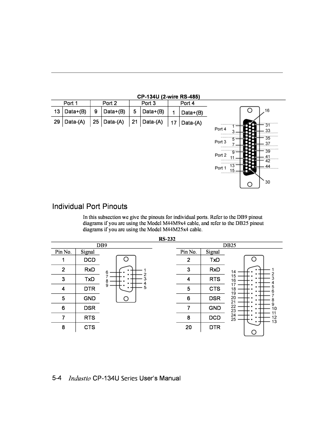 Moxa Technologies user manual Individual Port Pinouts, Industio CP-134U Series User’s Manual, CP-134U 2-wire RS-485 