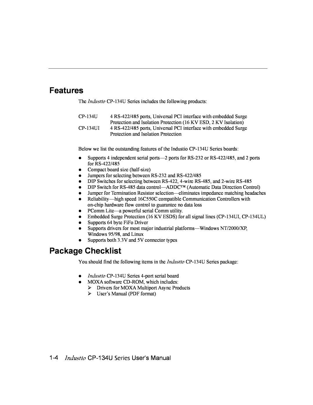 Moxa Technologies user manual Features, Package Checklist, Industio CP-134U Series User’s Manual 