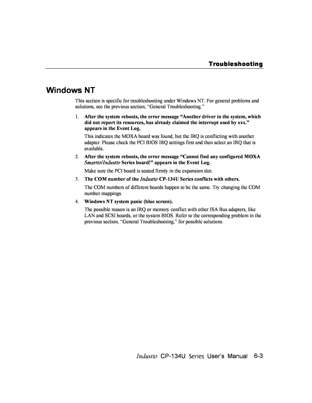 Moxa Technologies user manual Windows NT, Troubleshooting, Industio CP-134U Series User’s Manual 