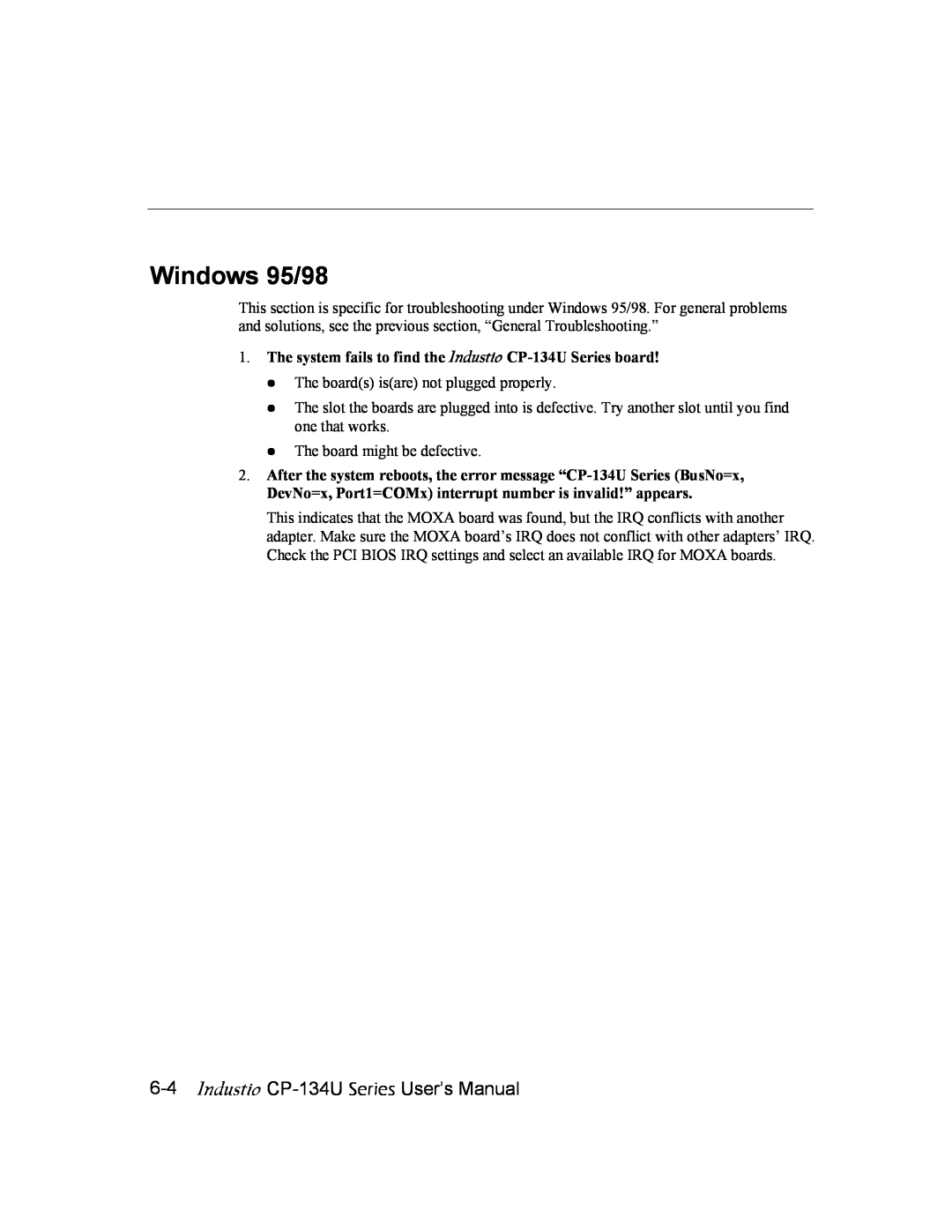 Moxa Technologies user manual Industio CP-134U Series User’s Manual, Windows 95/98 