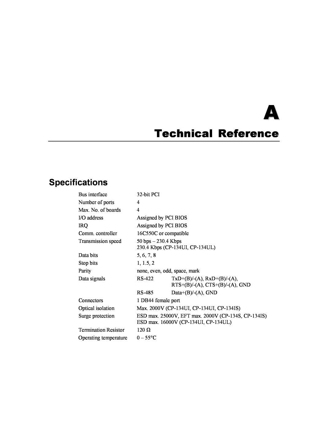 Moxa Technologies CP-134U user manual Technical Reference, Specifications 