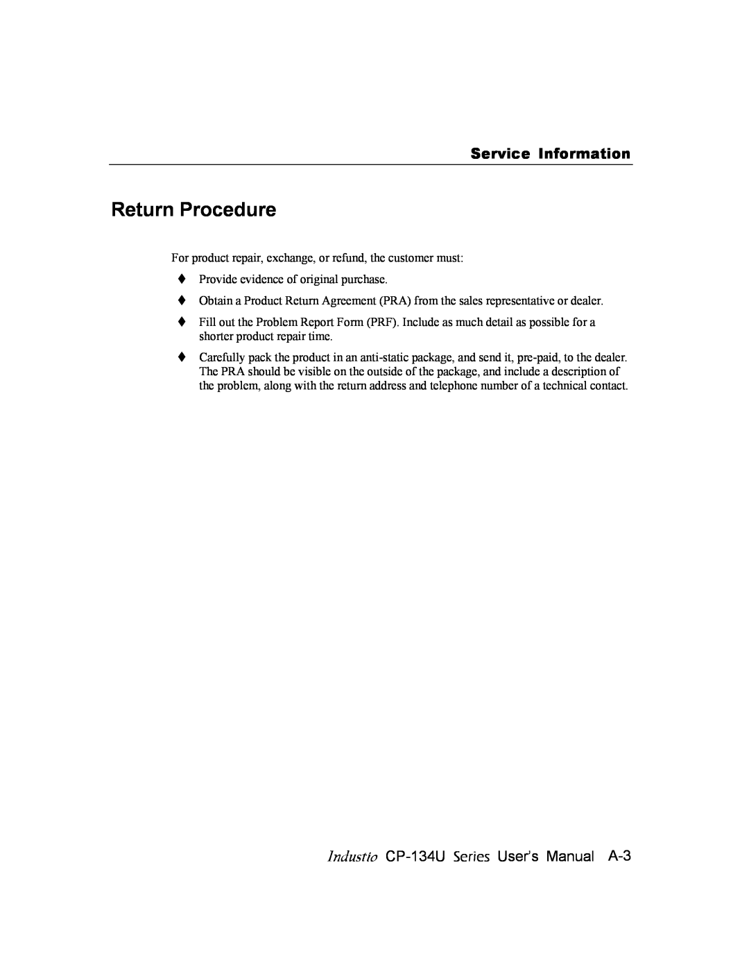 Moxa Technologies user manual Return Procedure, Service Information, Industio CP-134U Series User’s Manual A-3 