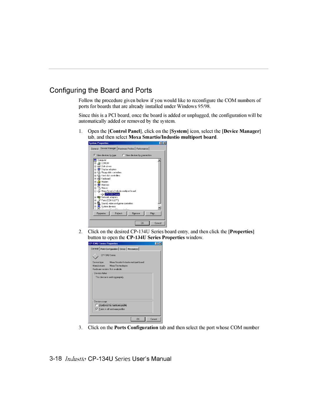 Moxa Technologies CP-134U user manual Configuring the Board and Ports 