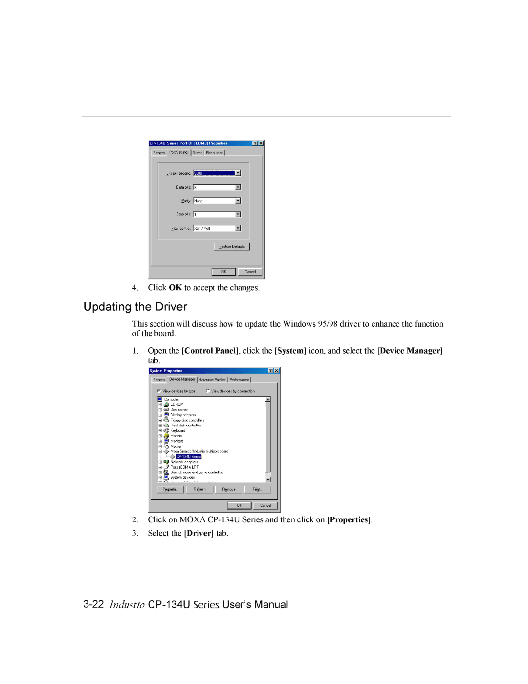 Moxa Technologies CP-134U user manual Click OK to accept the changes 