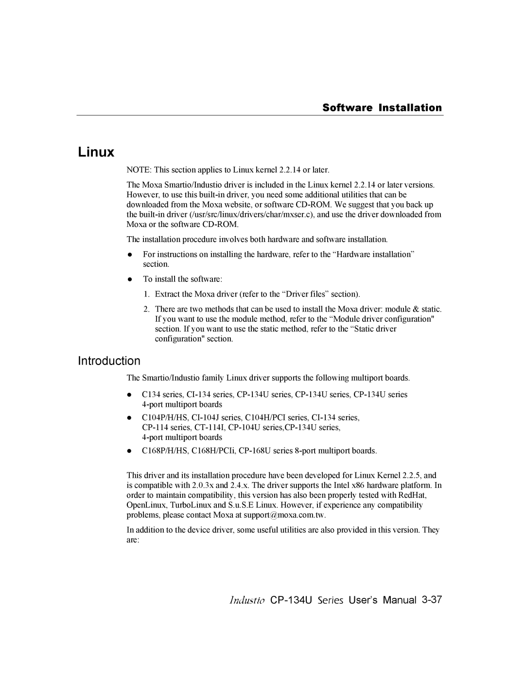 Moxa Technologies CP-134U user manual Linux, Introduction 