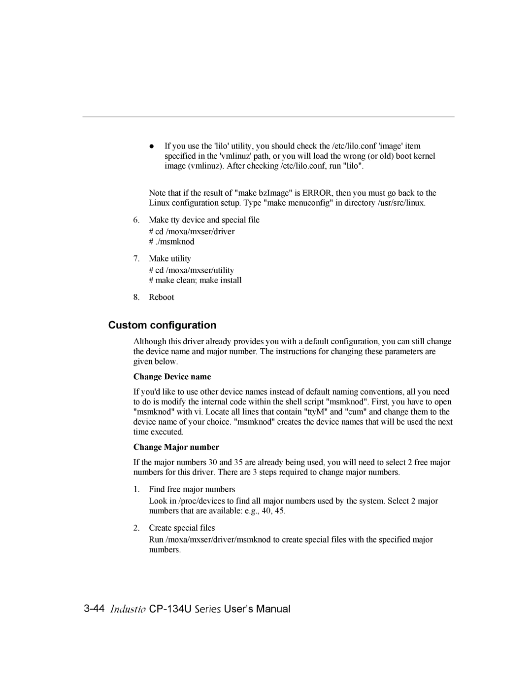 Moxa Technologies CP-134U user manual Custom configuration, Change Device name, Change Major number 