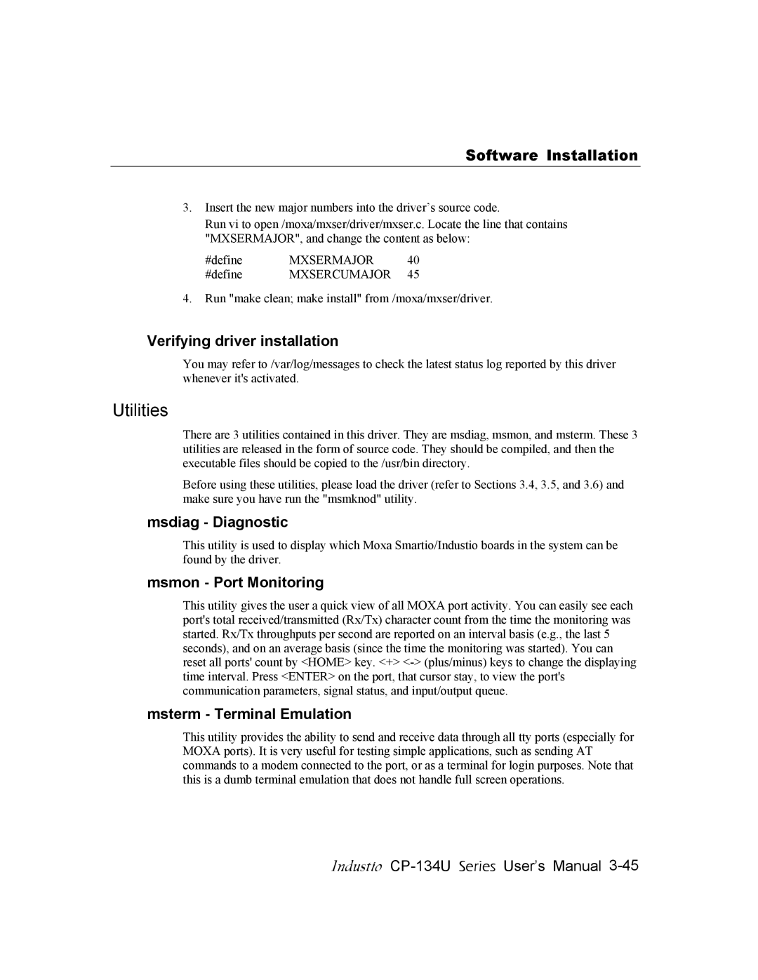 Moxa Technologies CP-134U user manual Utilities, Verifying driver installation, Msdiag Diagnostic, Msmon Port Monitoring 