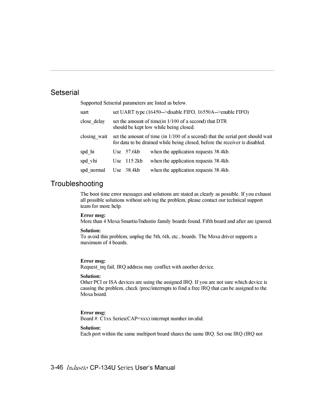 Moxa Technologies CP-134U user manual Setserial, Troubleshooting, Error msg, Solution 