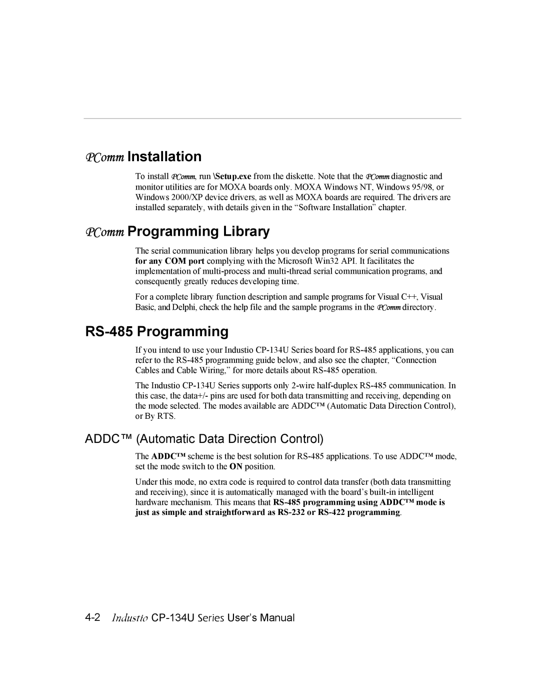 Moxa Technologies CP-134U user manual PComm Installation, PComm Programming Library, RS-485 Programming 