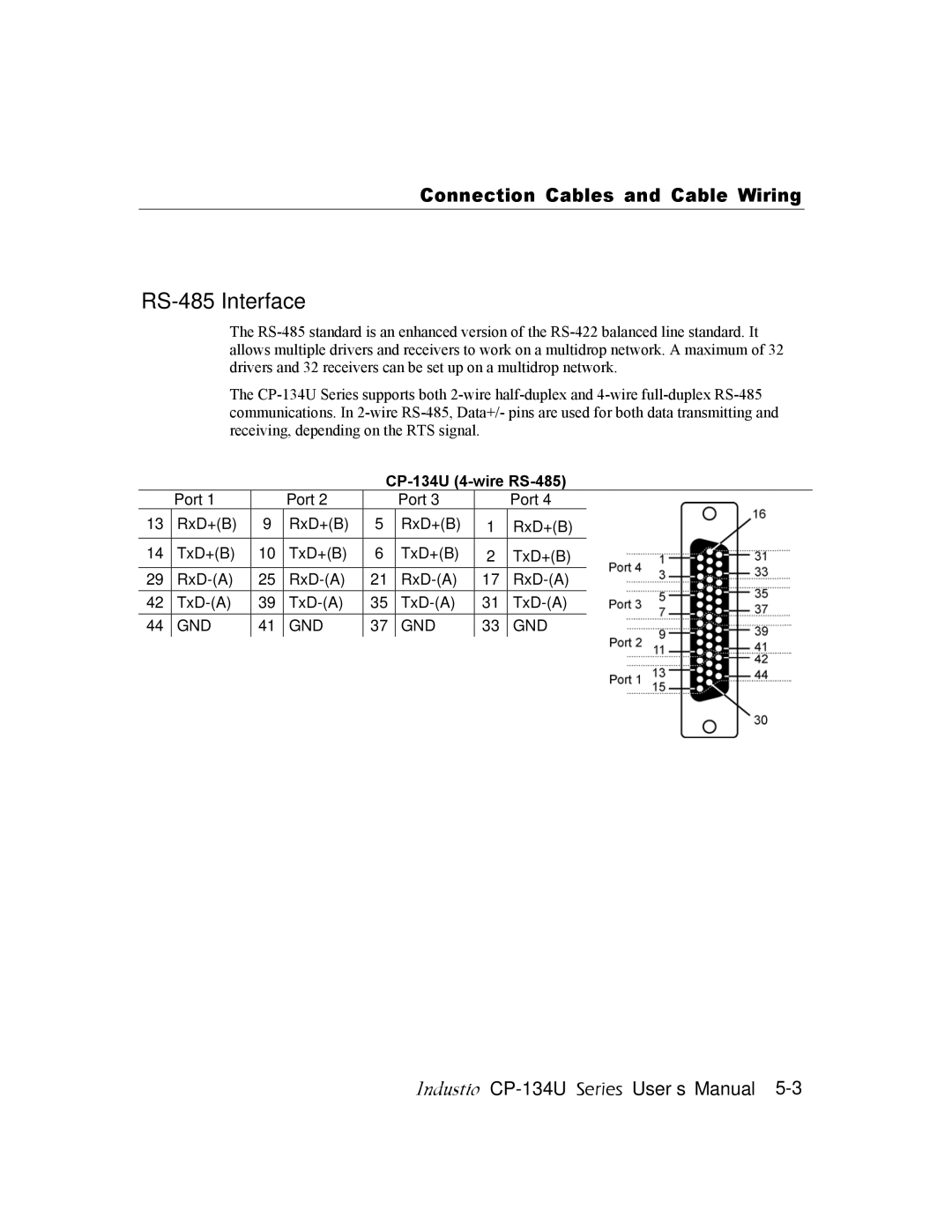 Moxa Technologies CP-134U user manual RS-485 Interface, Connection Cables and Cable Wiring 