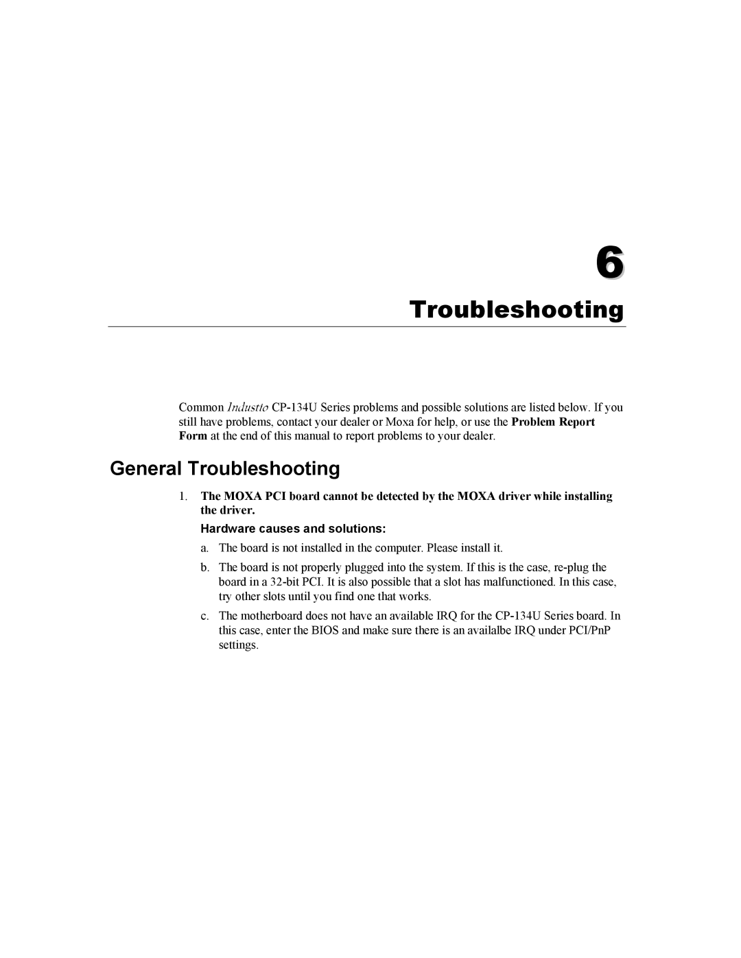 Moxa Technologies CP-134U user manual General Troubleshooting 