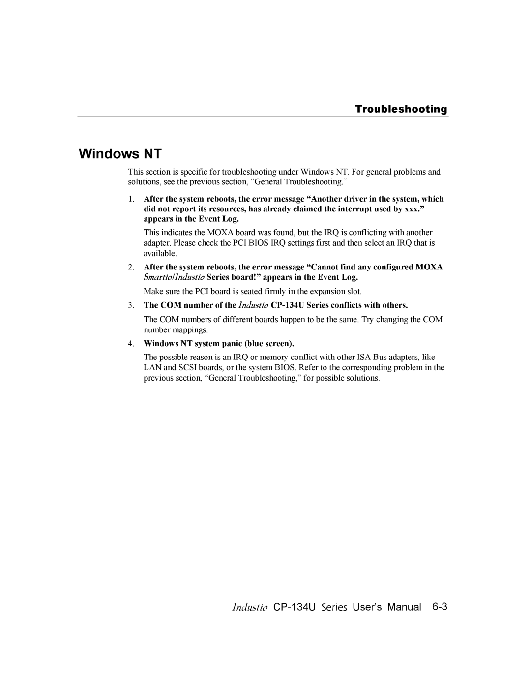 Moxa Technologies CP-134U user manual Troubleshooting, Windows NT system panic blue screen 