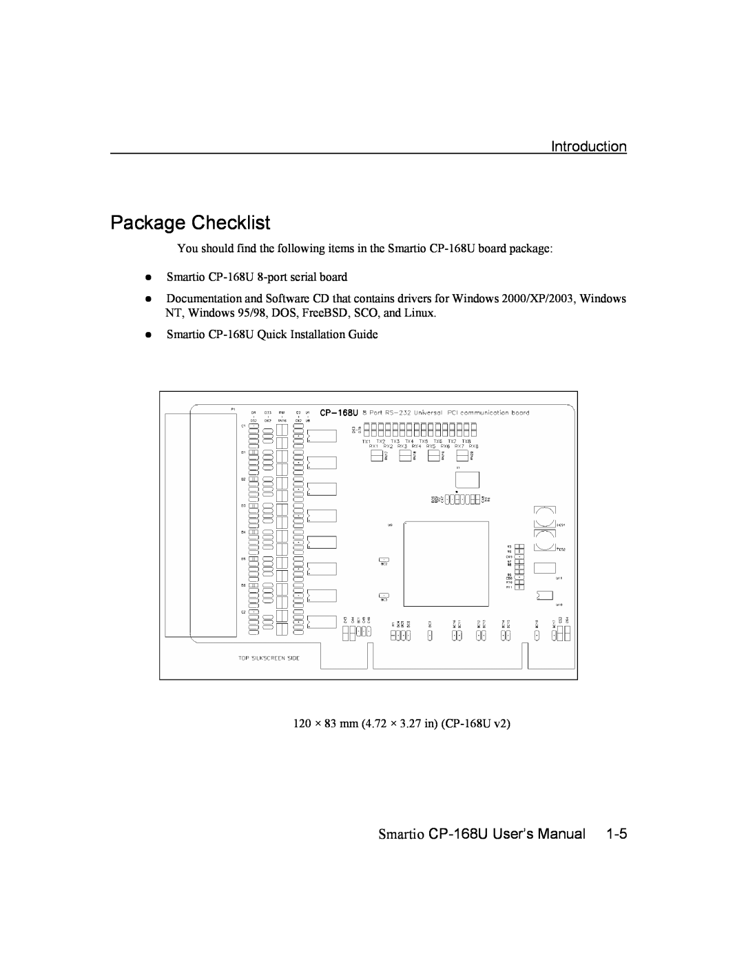 Moxa Technologies Package Checklist, Introduction, Smartio CP-168U User’s Manual, Smartio CP-168U 8-port serial board 