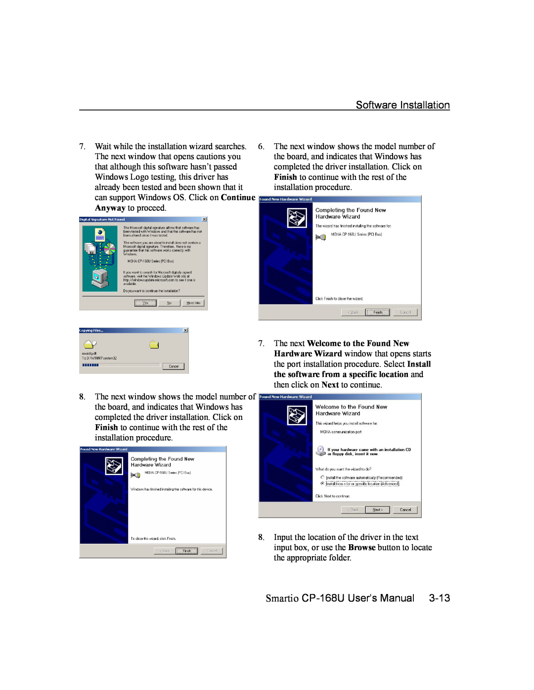Moxa Technologies user manual Software Installation, Smartio CP-168U User’s Manual 