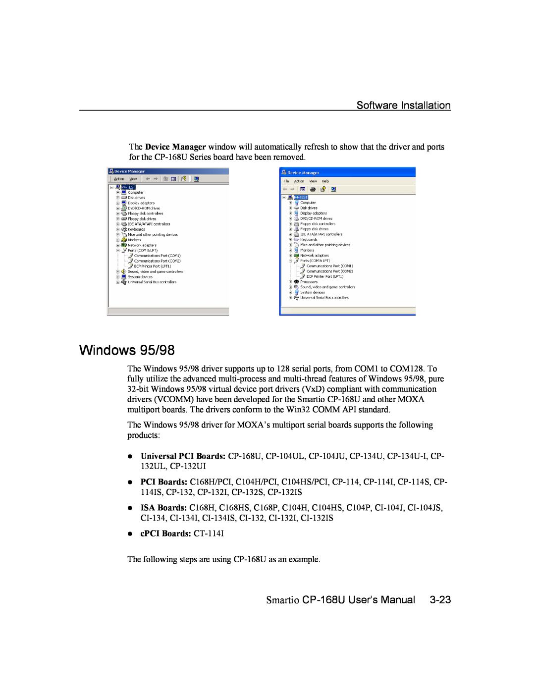 Moxa Technologies user manual Windows 95/98, Software Installation, Smartio CP-168U User’s Manual 