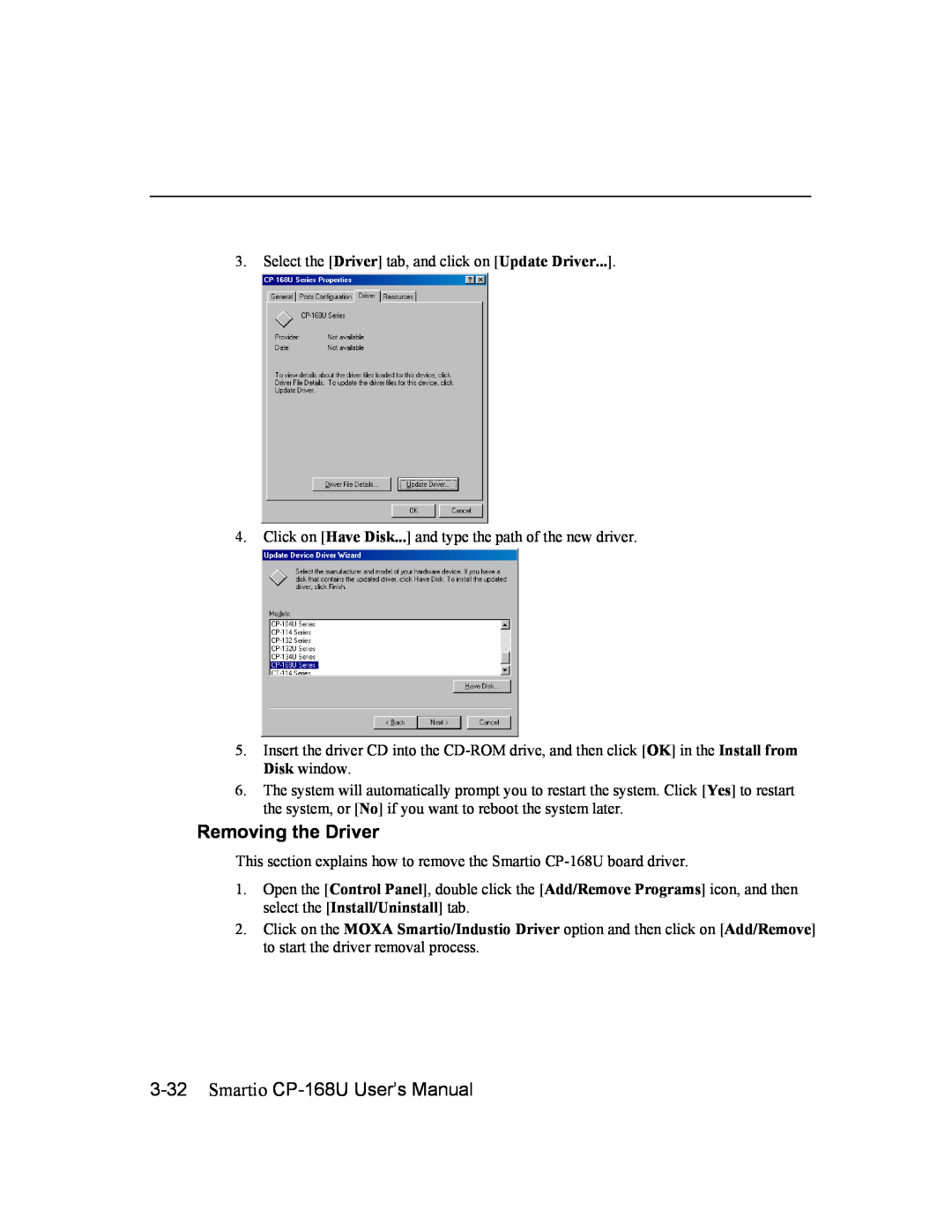 Moxa Technologies user manual Smartio CP-168U User’s Manual, Removing the Driver 