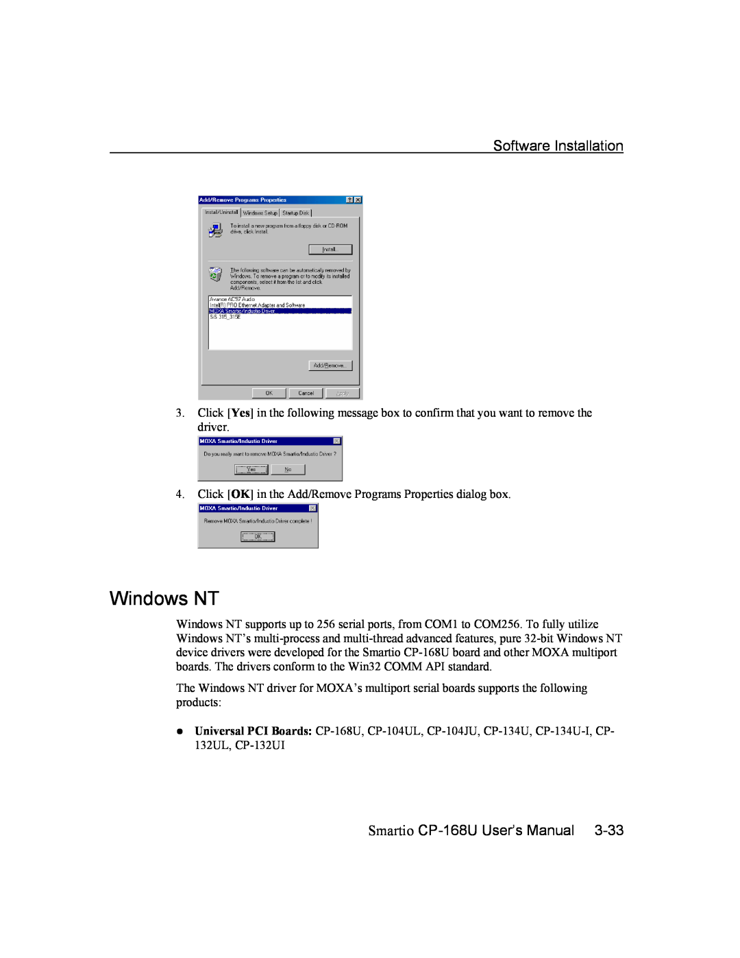 Moxa Technologies user manual Windows NT, Software Installation, Smartio CP-168U User’s Manual 