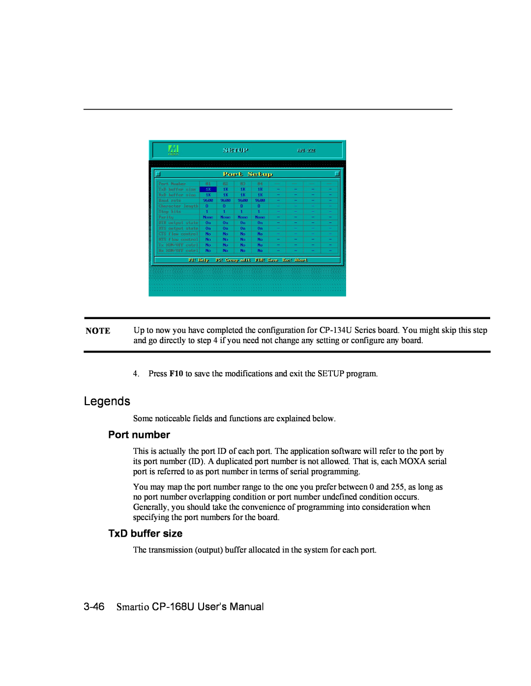 Moxa Technologies user manual Legends, Smartio CP-168U User’s Manual, Port number, TxD buffer size 