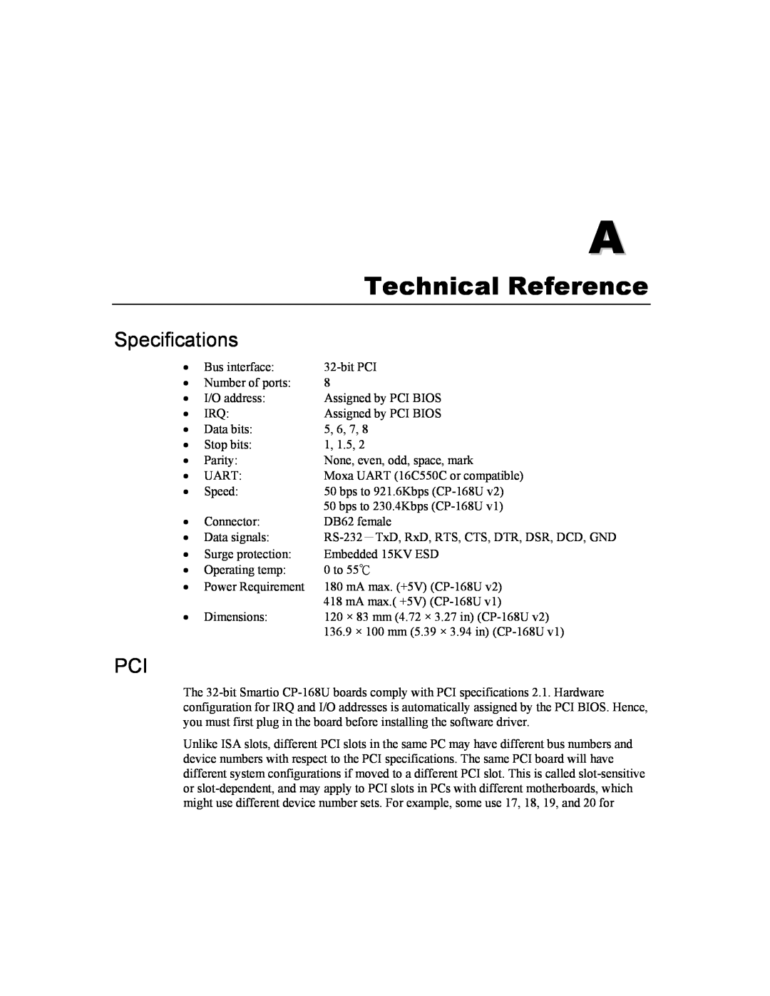 Moxa Technologies CP-168U user manual Technical Reference, Specifications 