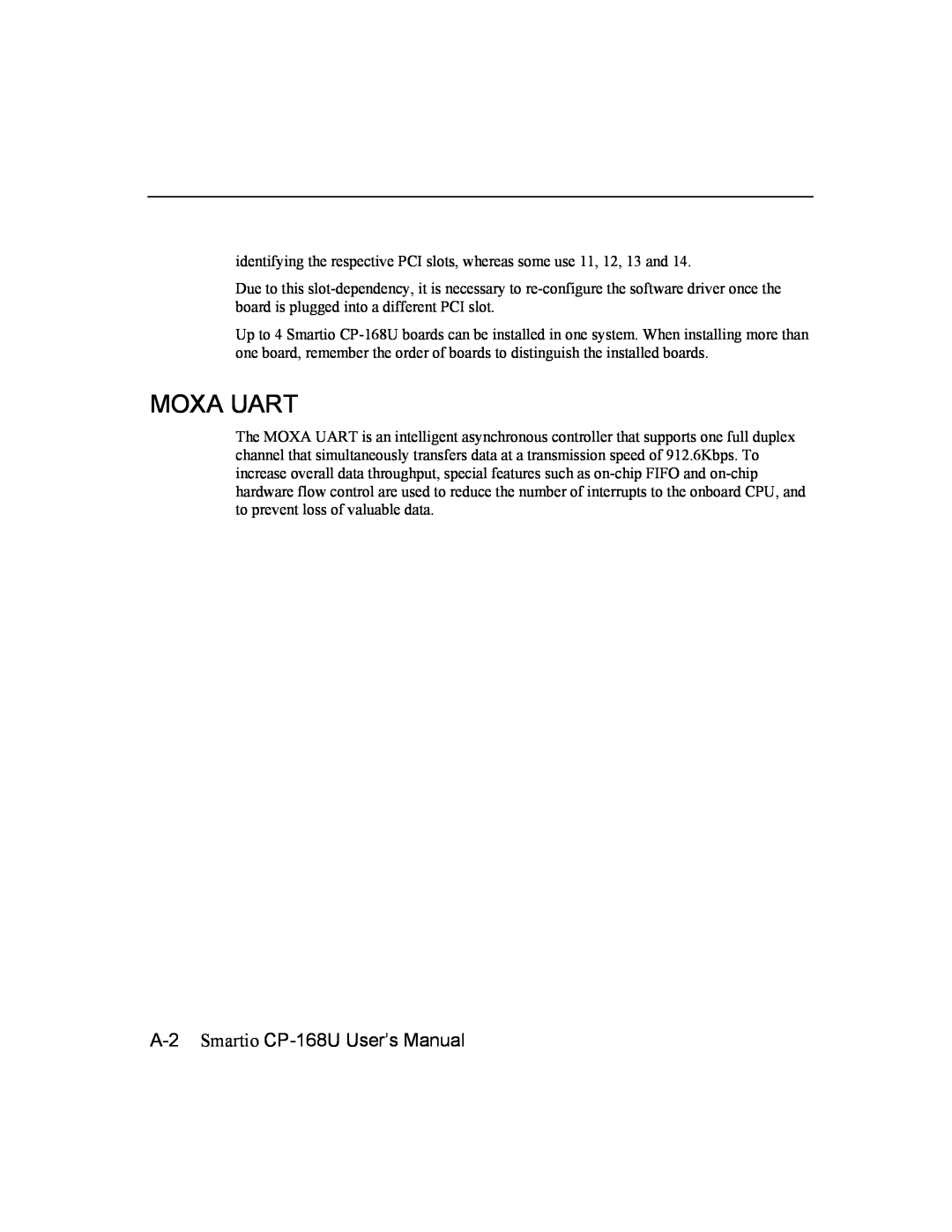 Moxa Technologies user manual Moxa Uart, A-2 Smartio CP-168U User’s Manual 