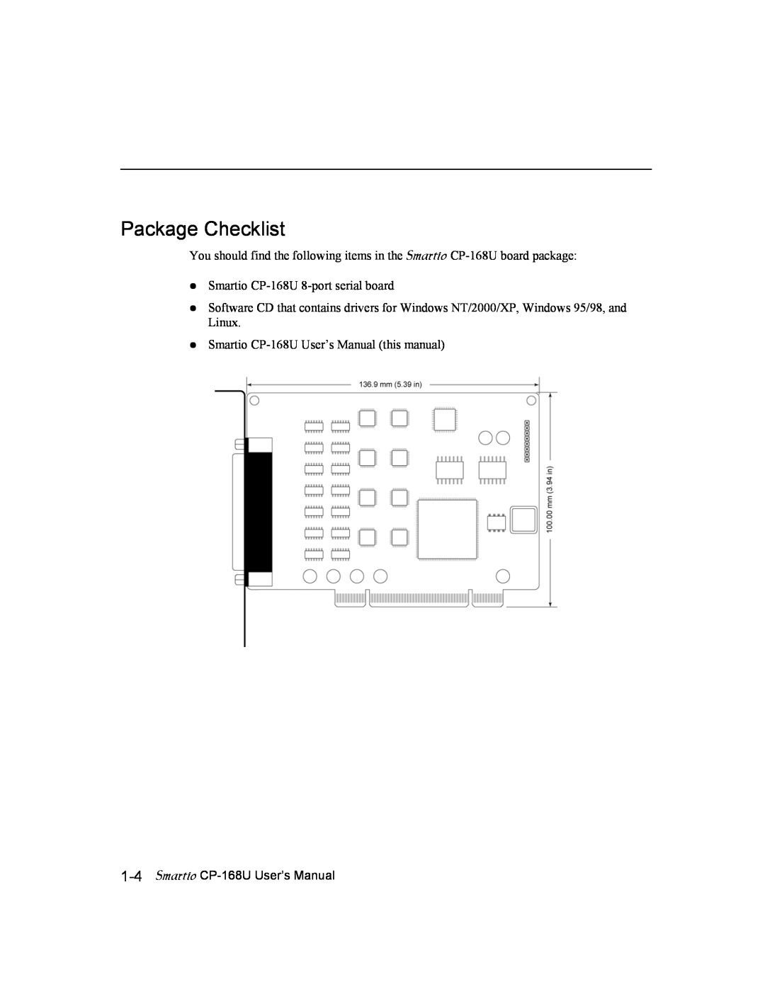 Moxa Technologies user manual Package Checklist, Smartio CP-168U User’s Manual 