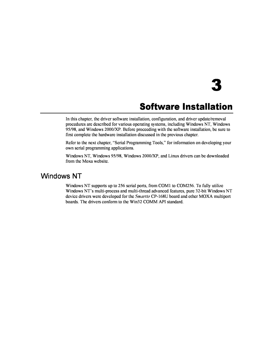Moxa Technologies CP-168U user manual Software Installation, Windows NT 