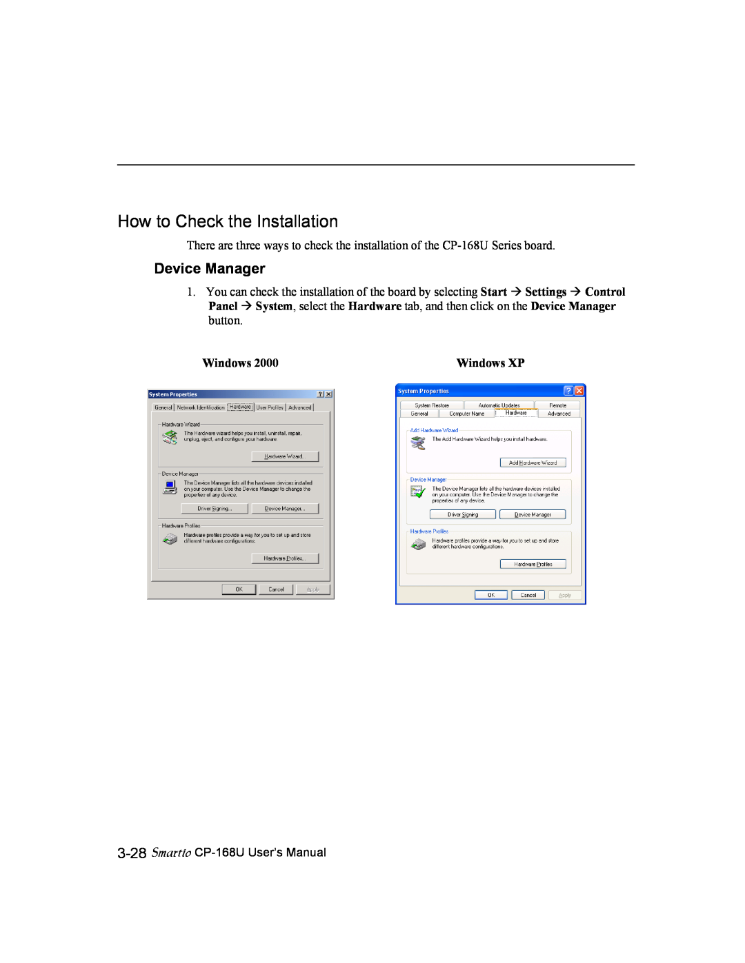 Moxa Technologies CP-168U user manual How to Check the Installation, Device Manager, Windows XP 