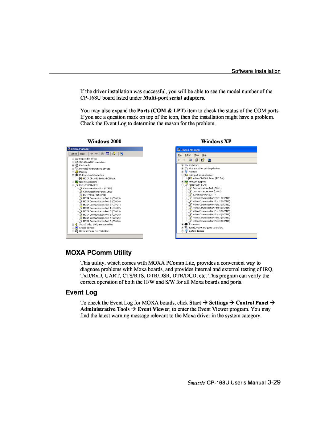 Moxa Technologies CP-168U user manual MOXA PComm Utility, Event Log, Windows XP 