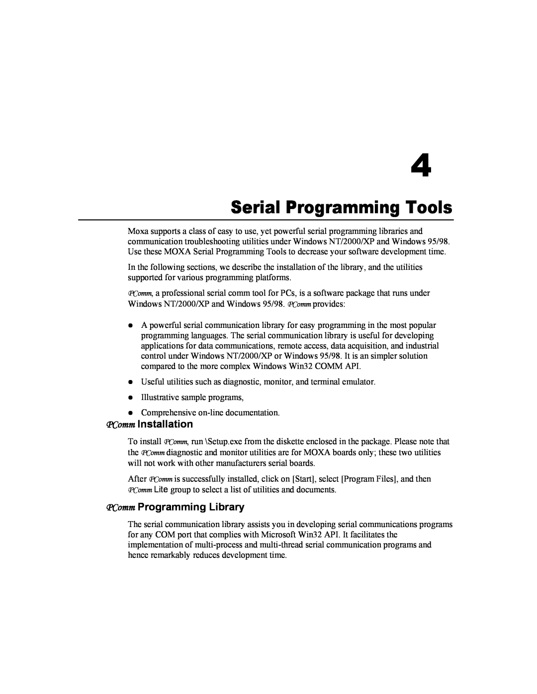 Moxa Technologies CP-168U user manual Serial Programming Tools, PComm Installation, PComm Programming Library 