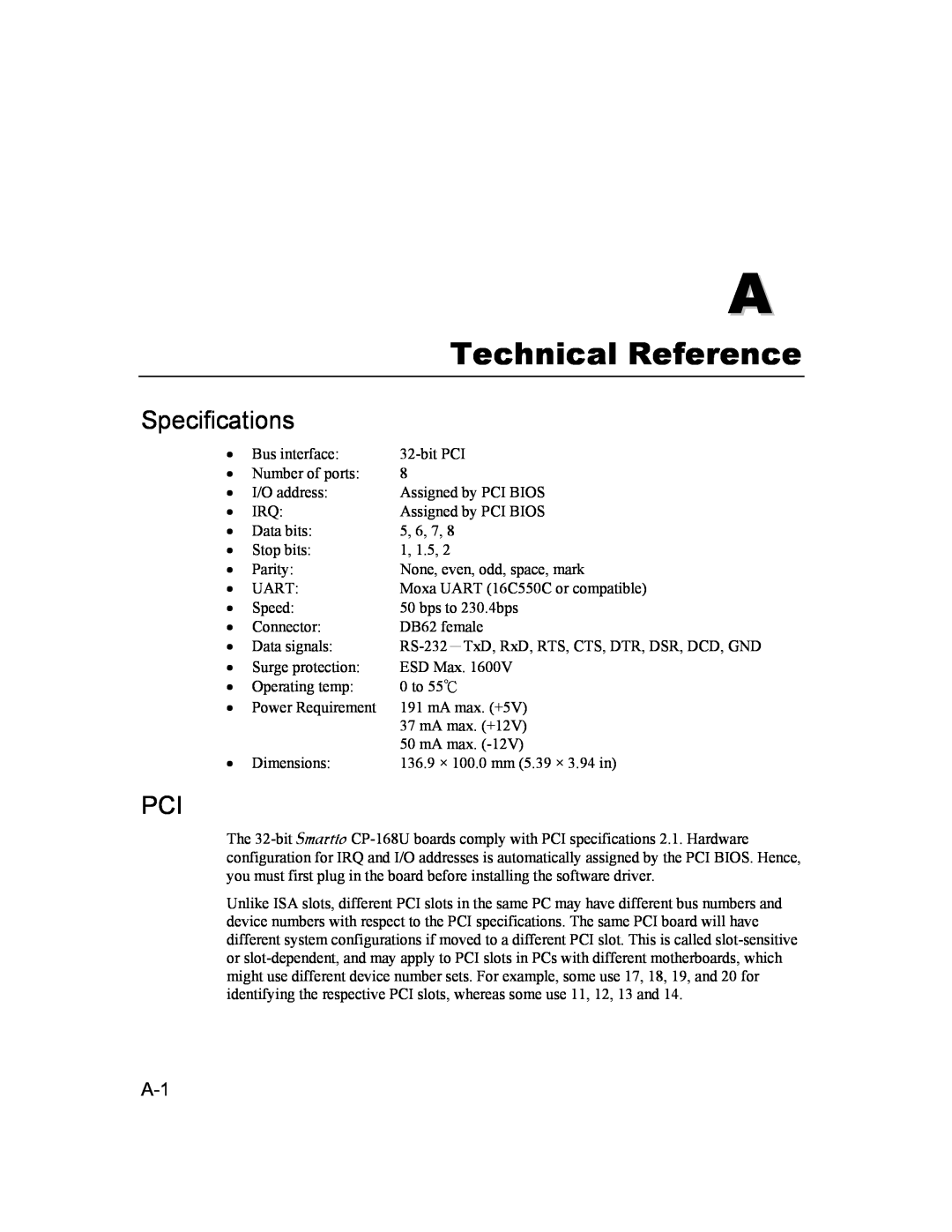 Moxa Technologies CP-168U user manual Technical Reference, Specifications 