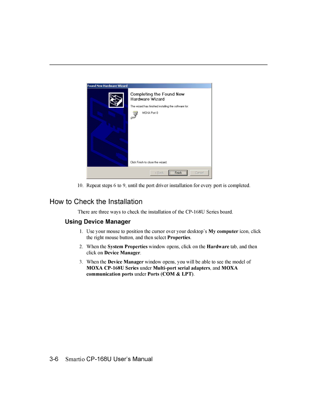 Moxa Technologies CP-168U user manual How to Check the Installation, Using Device Manager 