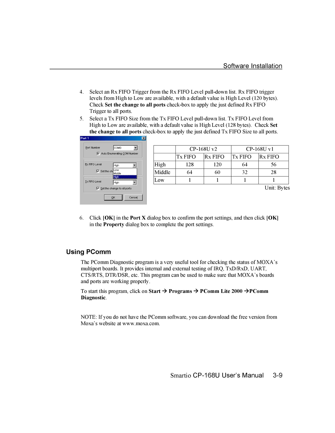 Moxa Technologies CP-168U user manual Using PComm 