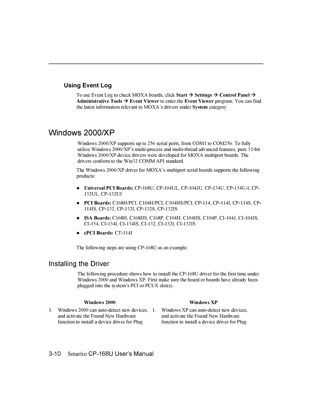 Moxa Technologies CP-168U user manual Windows 2000/XP, Using Event Log 