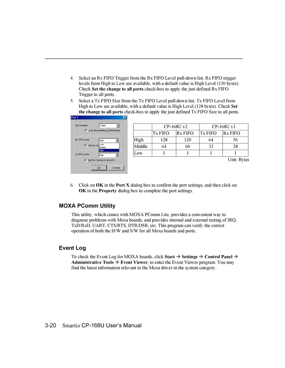 Moxa Technologies CP-168U user manual Moxa PComm Utility, Event Log 