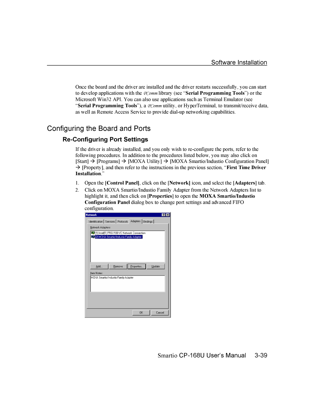 Moxa Technologies CP-168U user manual Configuring the Board and Ports, Re-Configuring Port Settings 