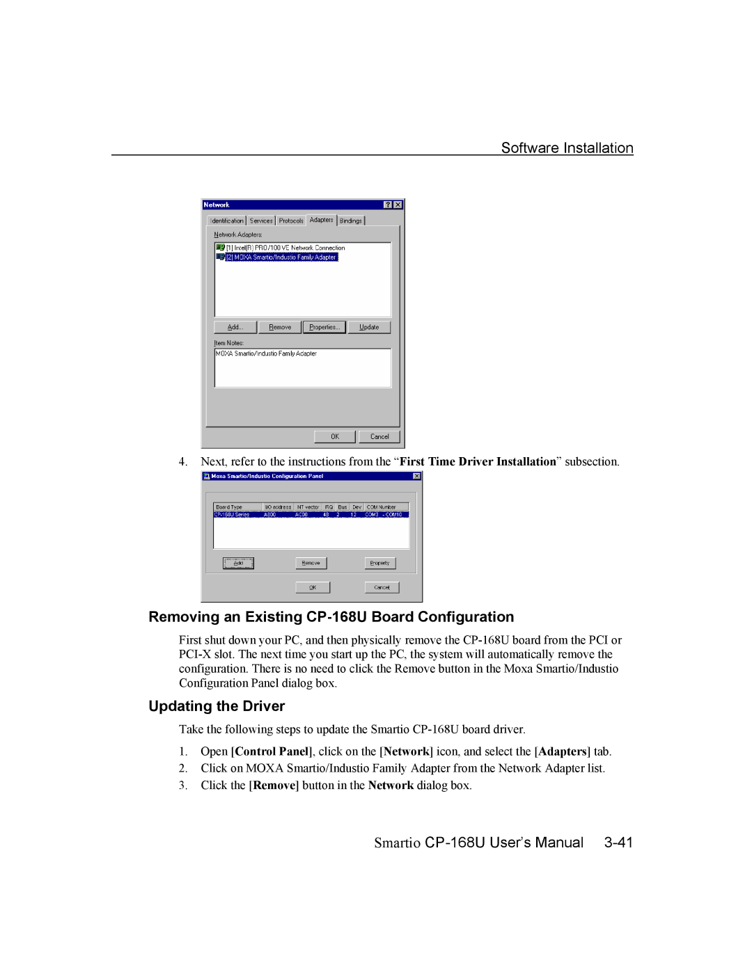 Moxa Technologies user manual Removing an Existing CP-168U Board Configuration, Updating the Driver 