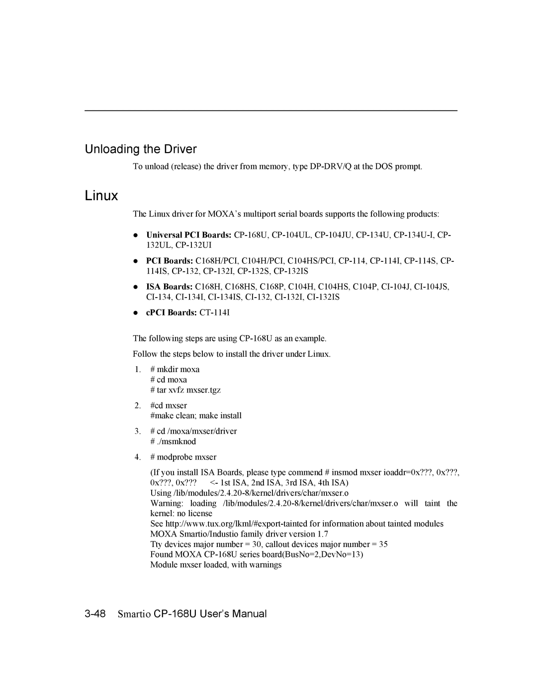 Moxa Technologies CP-168U user manual Linux 